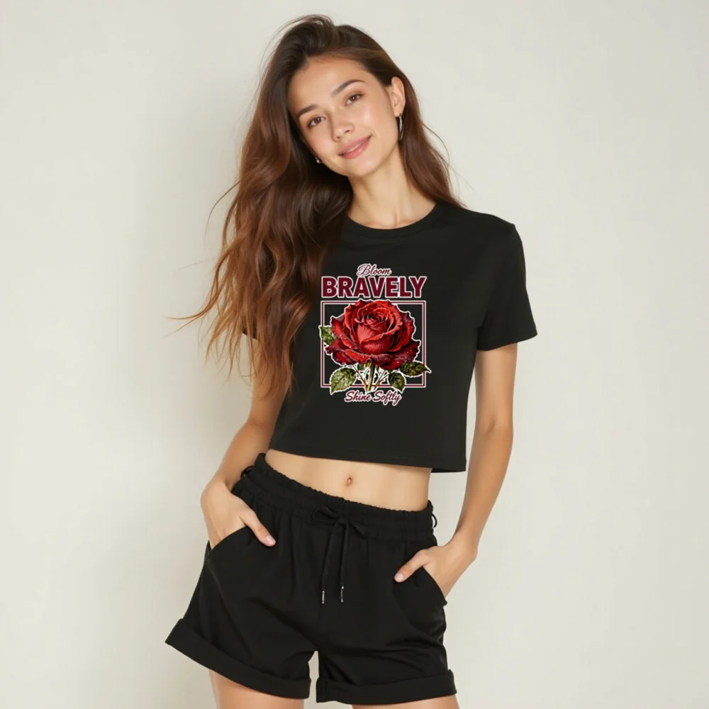 Women's Crop Top with 'Bloom Bravely' Rose Graphic - Soft Cotton - Image 6