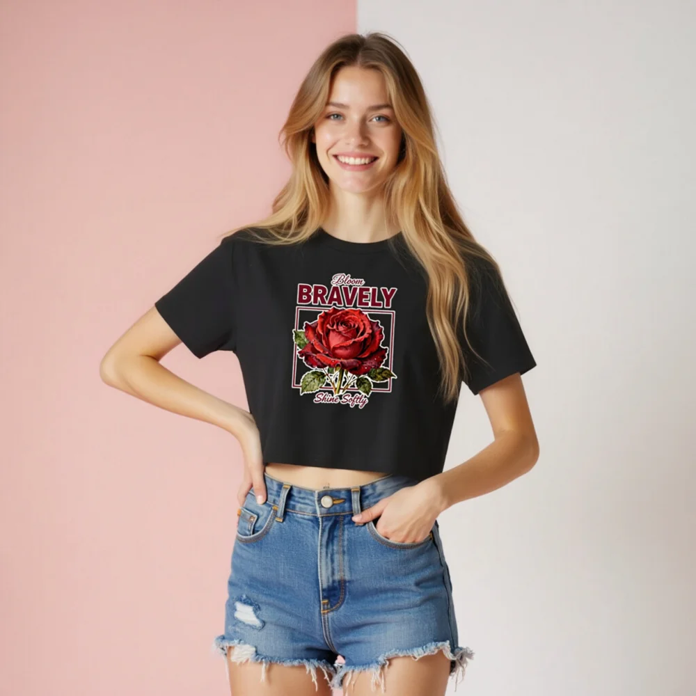Women's Crop Top with 'Bloom Bravely' Rose Graphic - Soft Cotton - Image 8