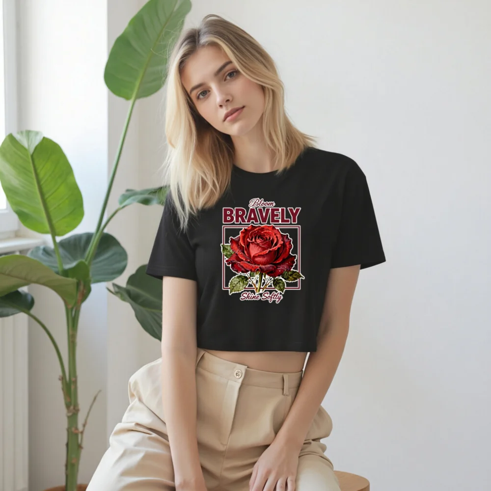 Women's Crop Top with 'Bloom Bravely' Rose Graphic - Soft Cotton - Image 9