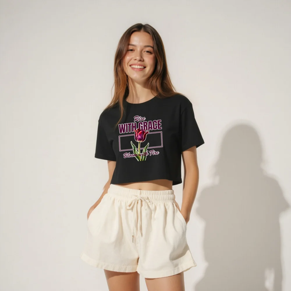Women's Crop Top - Rise With Grace Bloom with Fire Tee - Image 4