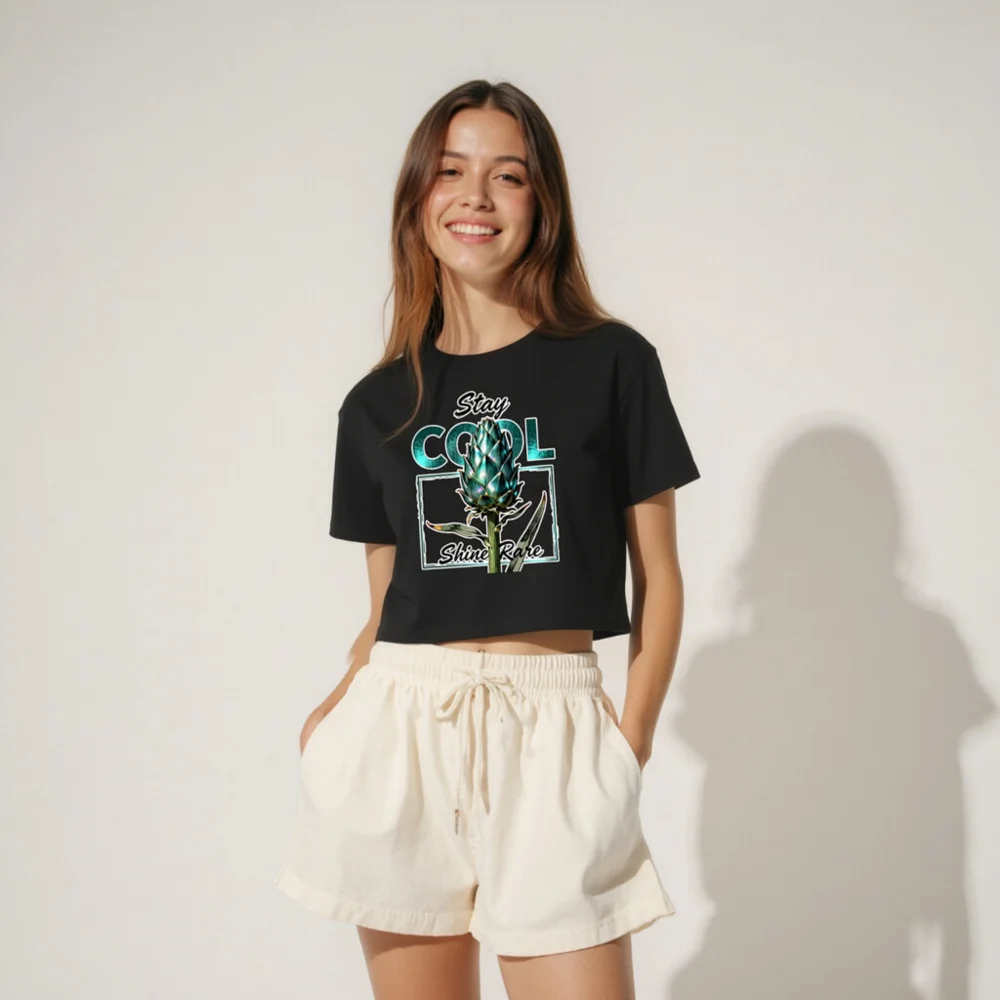 Women's Crop Top - Stay Cool Shine Rare Artichoke Design, Black Short Sleeve - Image 4
