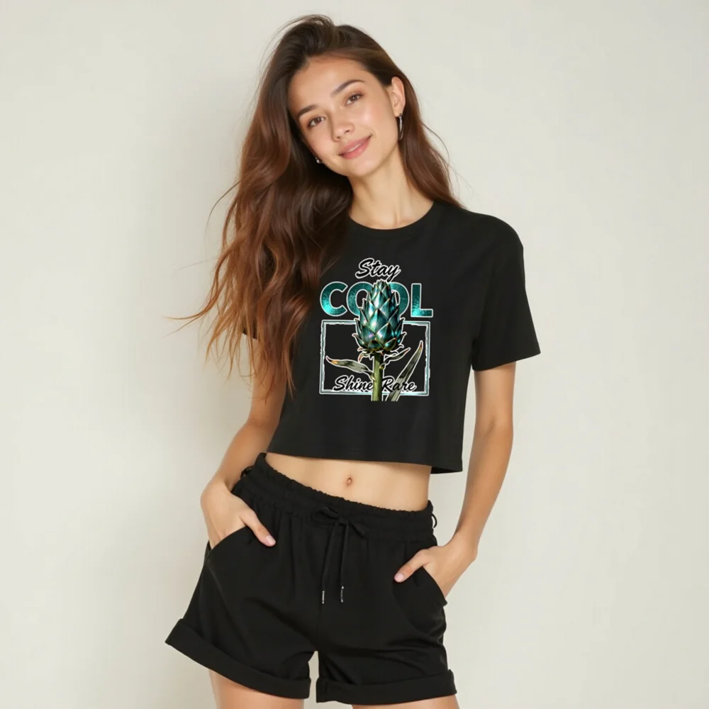 Women's Crop Top - Stay Cool Shine Rare Artichoke Design, Black Short Sleeve - Image 6