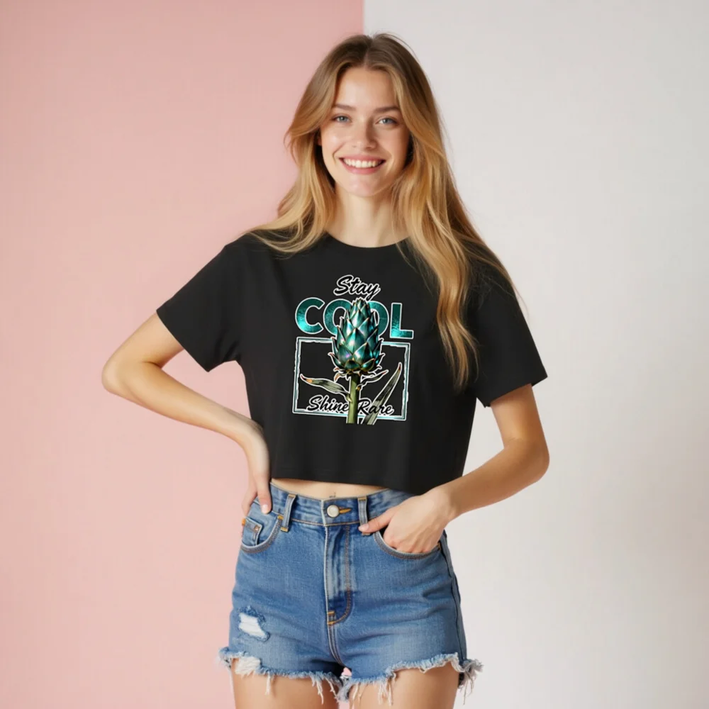 Women's Crop Top - Stay Cool Shine Rare Artichoke Design, Black Short Sleeve - Image 8