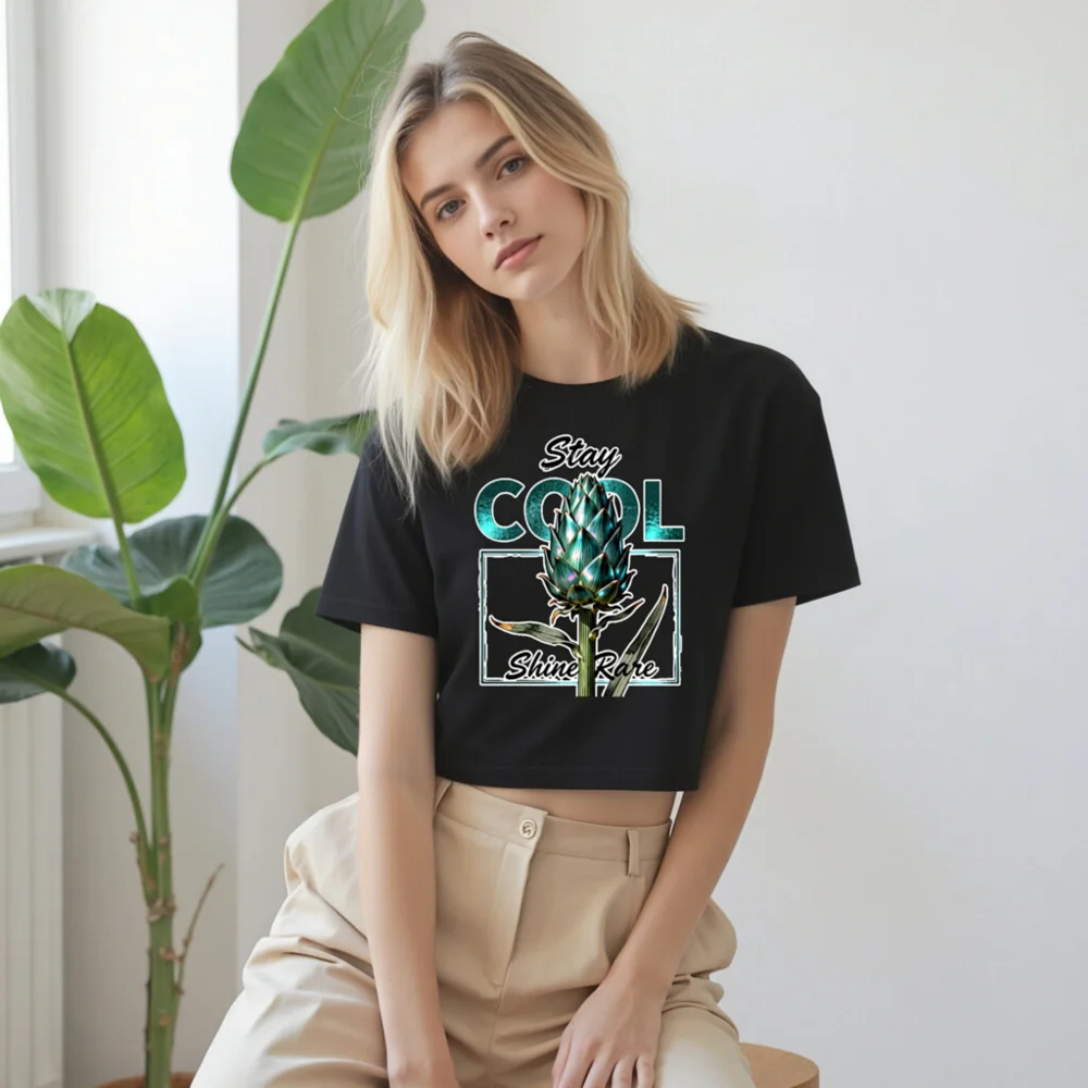 Women's Crop Top - Stay Cool Shine Rare Artichoke Design, Black Short Sleeve - Image 9