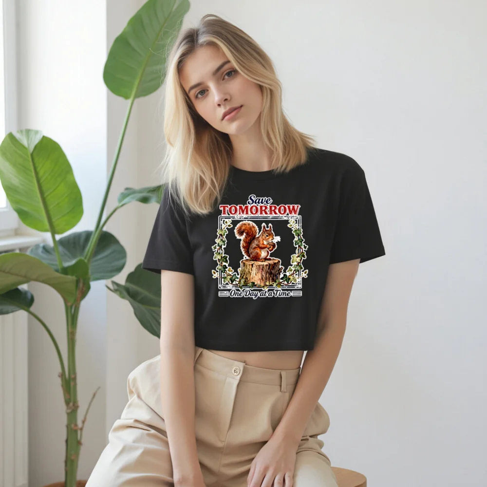 Save Tomorrow Squirrel Crop Top for Women – Eco Message Tee - Image 9