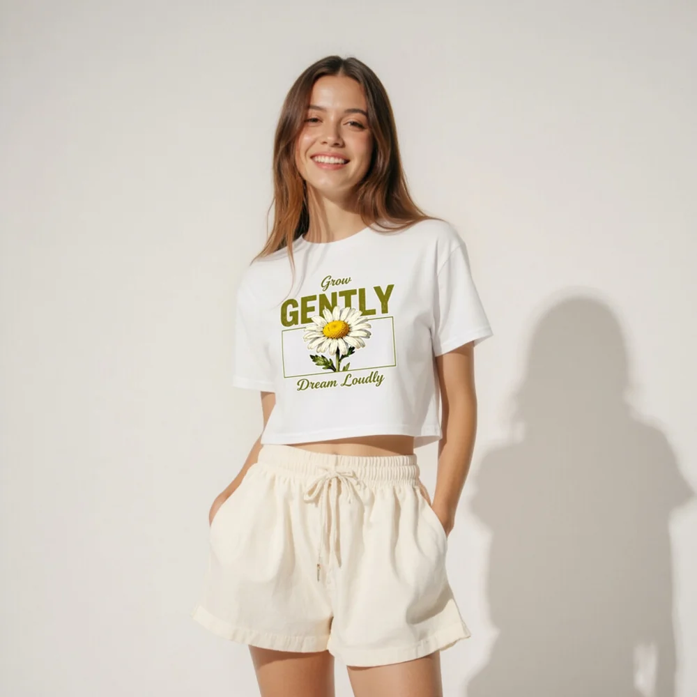 Grow Gently Dream Loudly Crop Top for Women – Daisy Print Short Sleeve Tee - Image 4