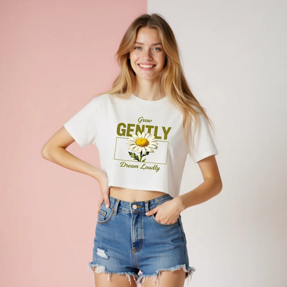 Grow Gently Dream Loudly Crop Top for Women – Daisy Print Short Sleeve Tee - Image 8