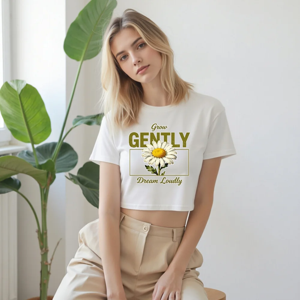 Grow Gently Dream Loudly Crop Top for Women – Daisy Print Short Sleeve Tee - Image 9