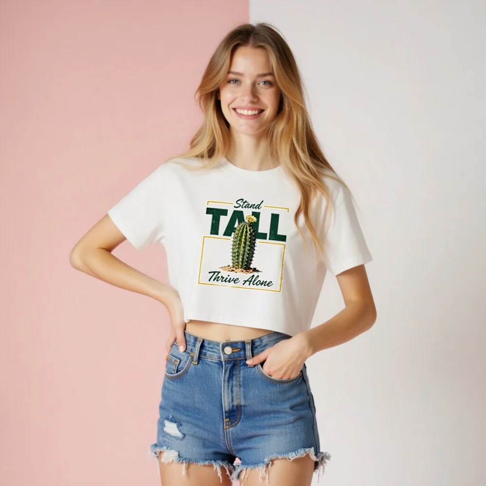 Women's Crop Top - Stand Tall Thrive Alone Cactus Graphic Tee - Image 8