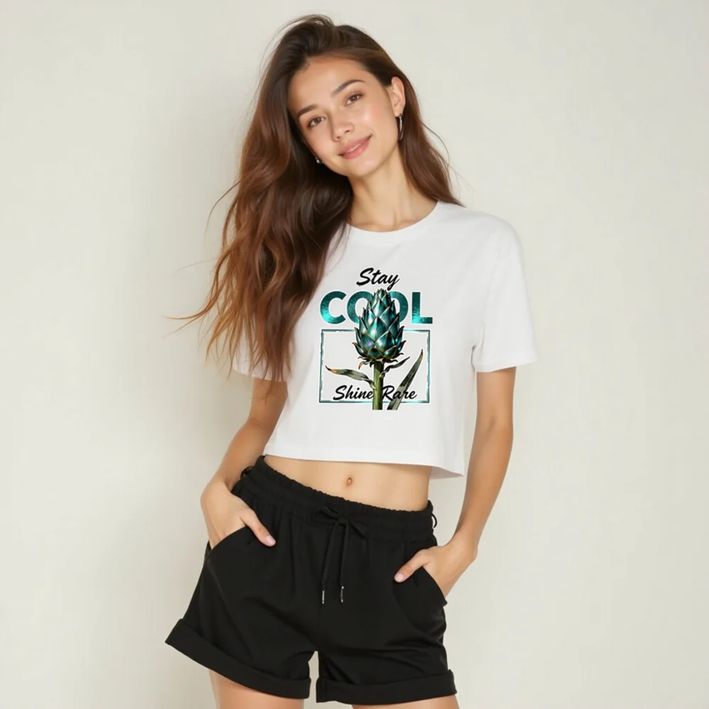 Stay Cool Shine Rare Women's Crop Top - Artichoke Graphic Tee - Image 6