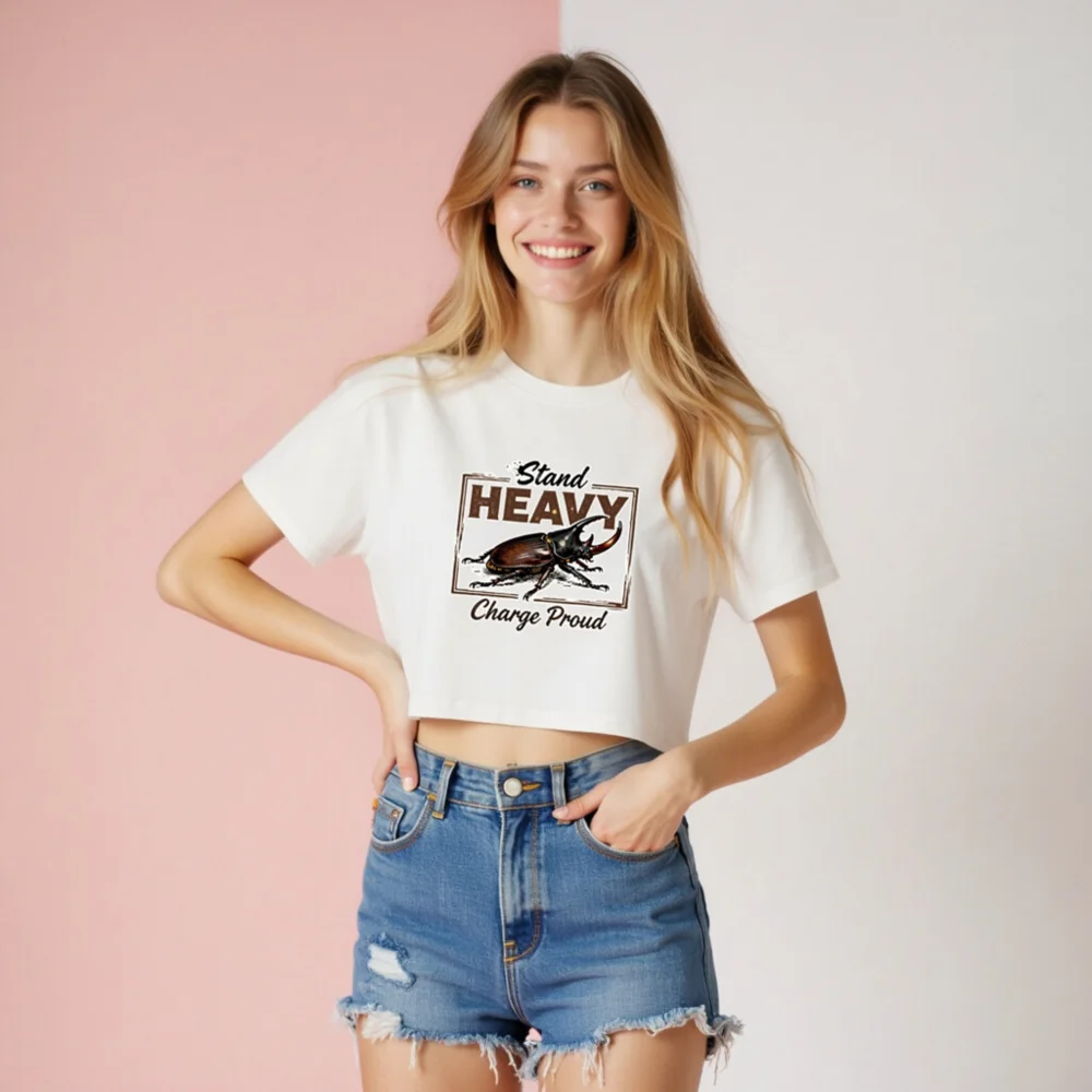 Women's Crop Top - Stand Heavy Charge Proud Beetle Graphic Tee - Image 8