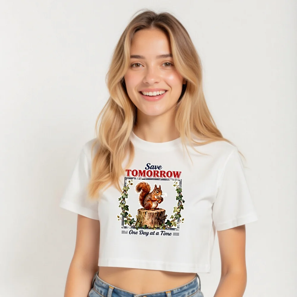 Save Tomorrow Squirrel Crop Top for Women – Eco Motto Tee - Image 5