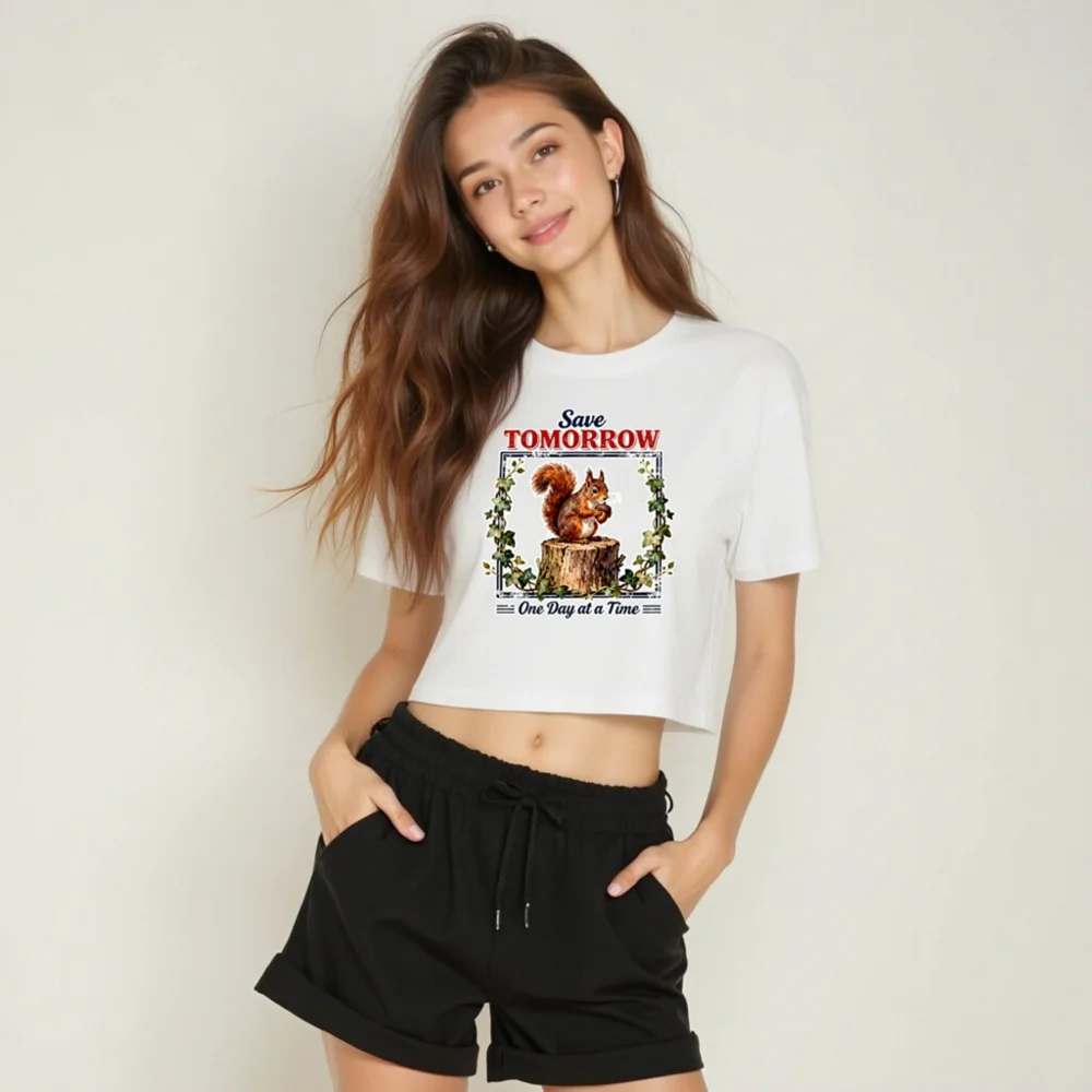 Save Tomorrow Squirrel Crop Top for Women – Eco Motto Tee - Image 6