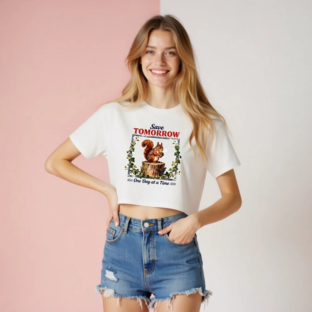 Save Tomorrow Squirrel Crop Top for Women – Eco Motto Tee - Image 8