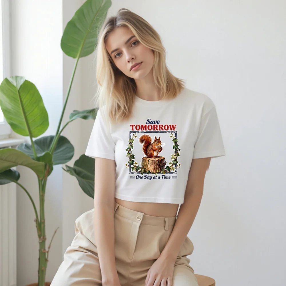 Save Tomorrow Squirrel Crop Top for Women – Eco Motto Tee - Image 9