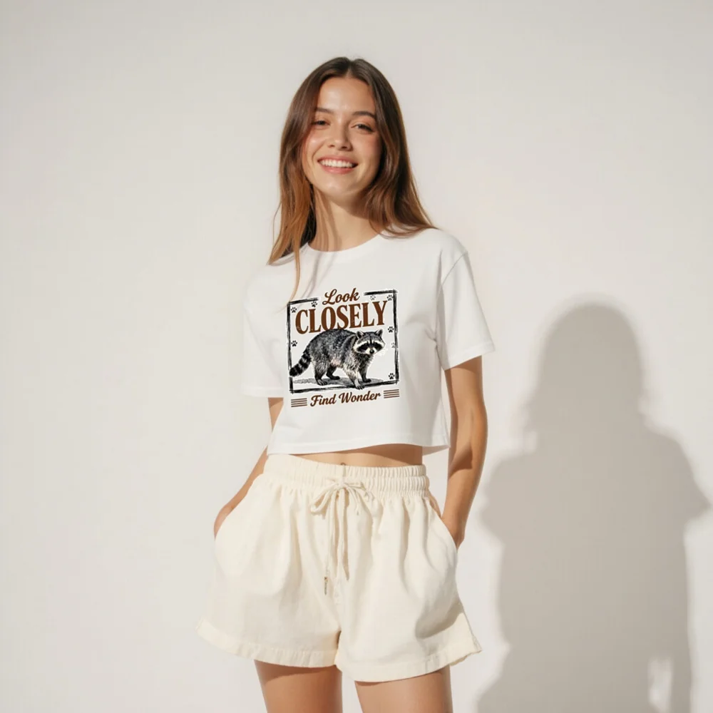 Women's Raccoon Crop Top - 'Look Closely Find Wonder' Graphic Tee - Image 4