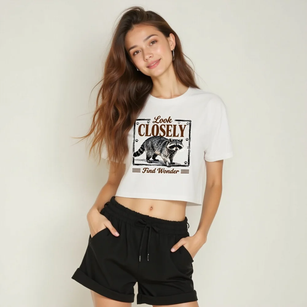 Women's Raccoon Crop Top - 'Look Closely Find Wonder' Graphic Tee - Image 6