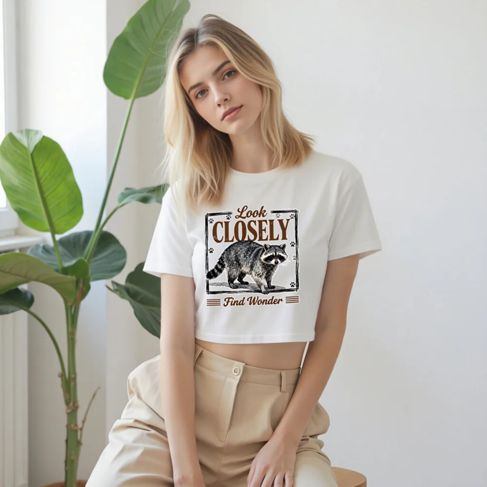 Women's Raccoon Crop Top - 'Look Closely Find Wonder' Graphic Tee - Image 9
