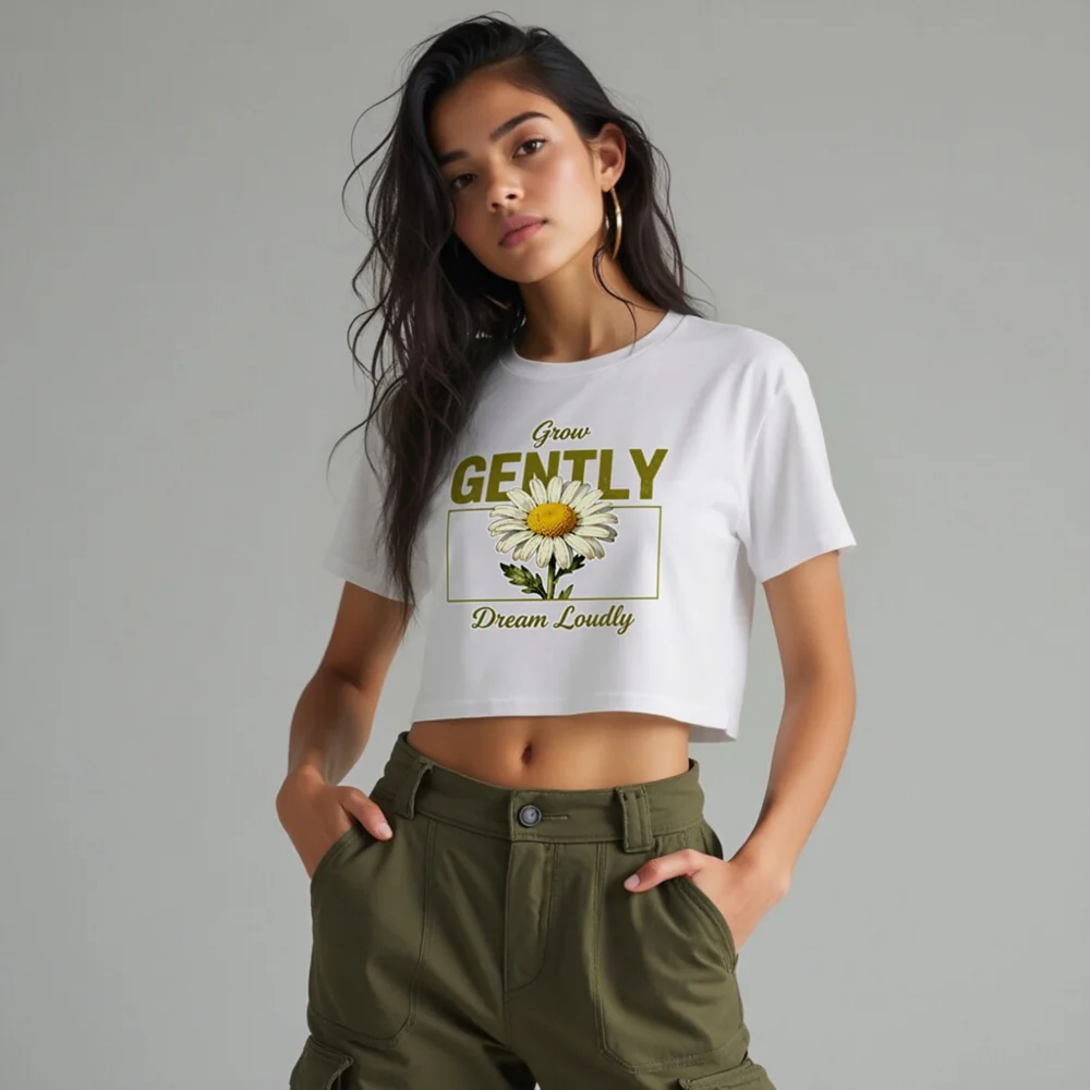 Grow Gently Dream Loudly Crop Top for Women – Daisy Print Short Sleeve Tee - Image 10