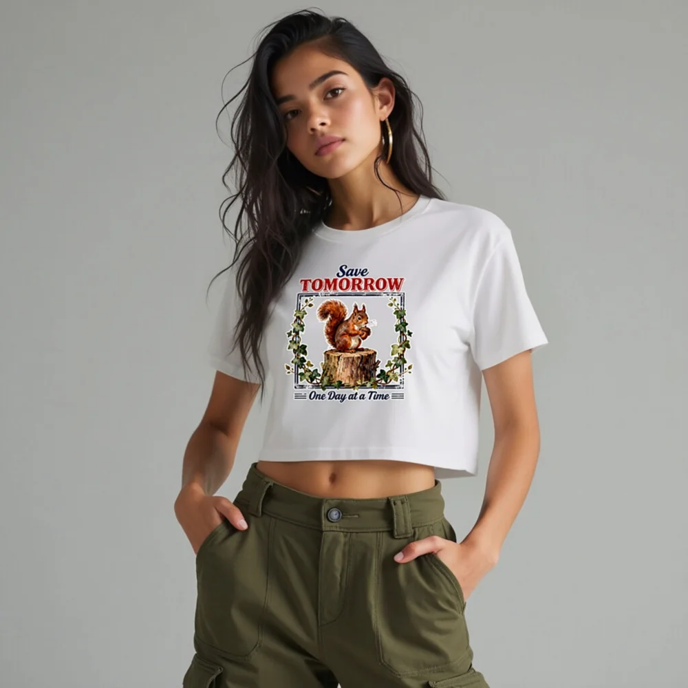 Save Tomorrow Squirrel Crop Top for Women – Eco Motto Tee - Image 10