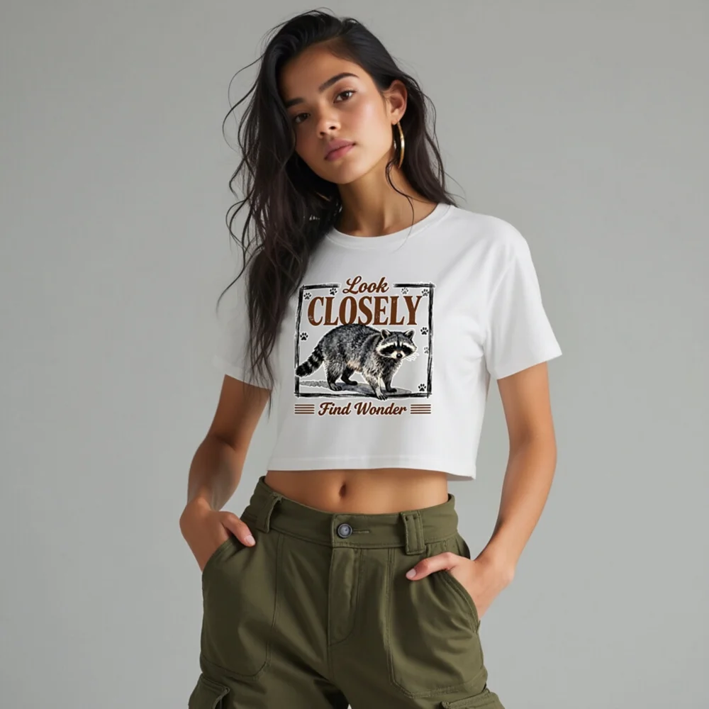 Women's Raccoon Crop Top - 'Look Closely Find Wonder' Graphic Tee - Image 10