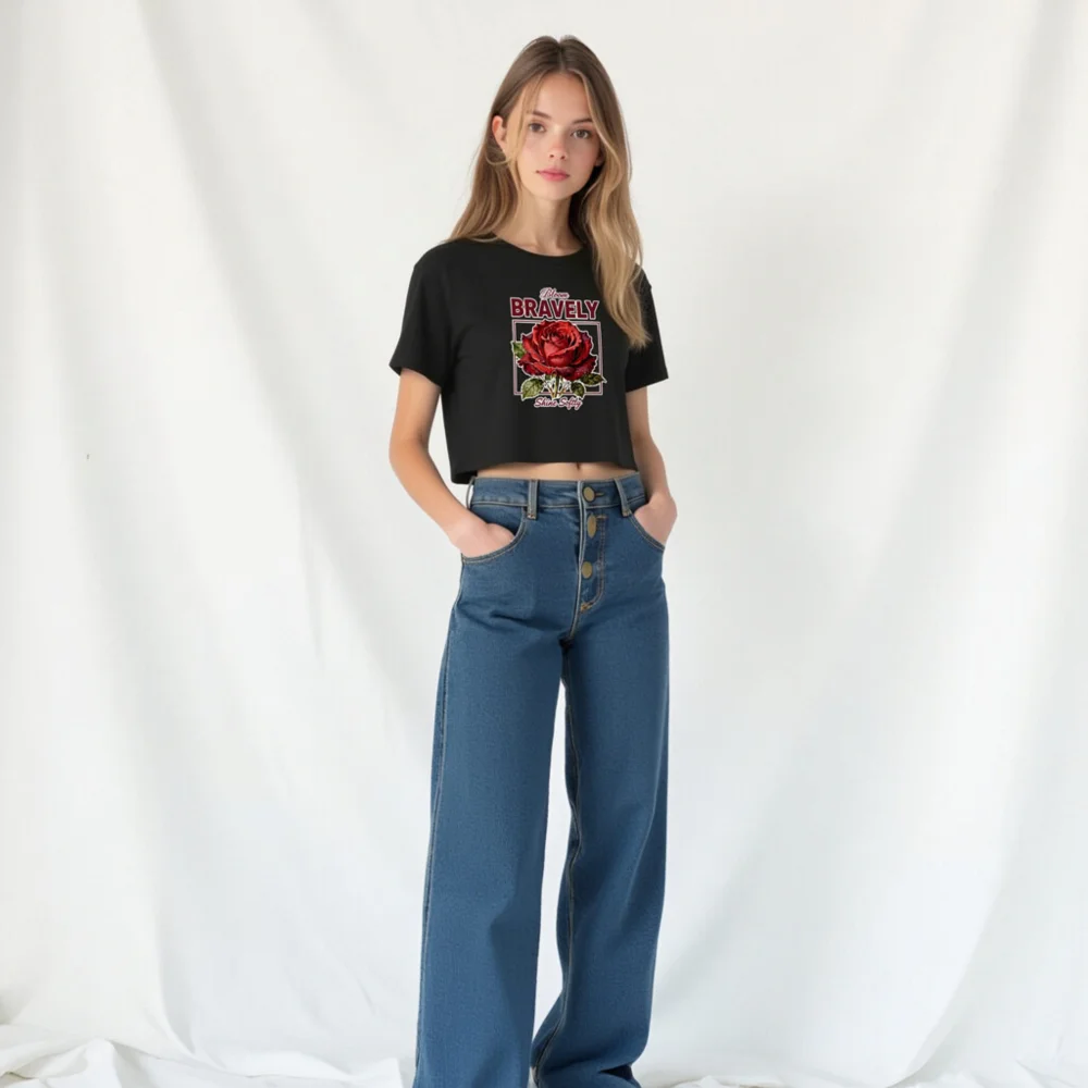 Women's Crop Top with 'Bloom Bravely' Rose Graphic - Soft Cotton - Image 10
