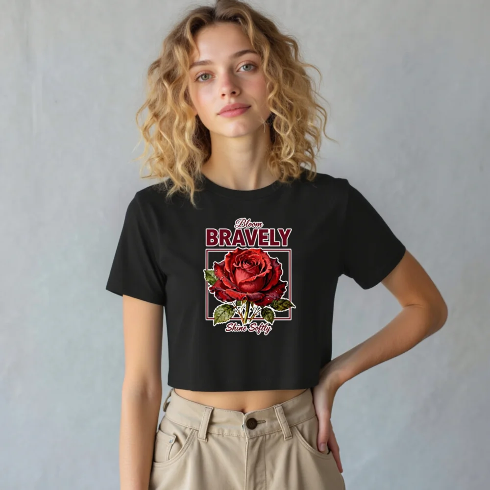 Women's Crop Top with 'Bloom Bravely' Rose Graphic - Soft Cotton - Image 11