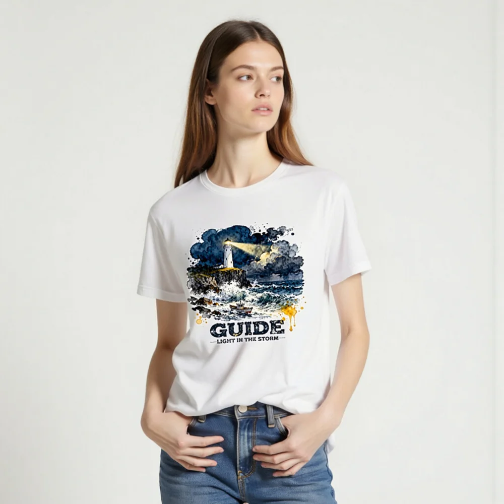 Guide Light in the Storm Unisex T-Shirt – Watercolor Lighthouse Design - Image 2