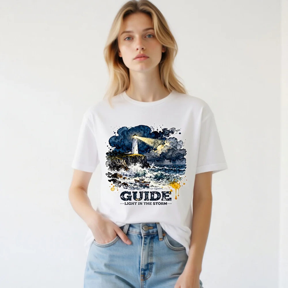 Guide Light in the Storm Unisex T-Shirt – Watercolor Lighthouse Design - Image 3