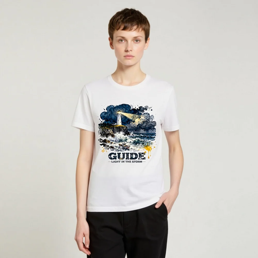 Guide Light in the Storm Unisex T-Shirt – Watercolor Lighthouse Design - Image 4