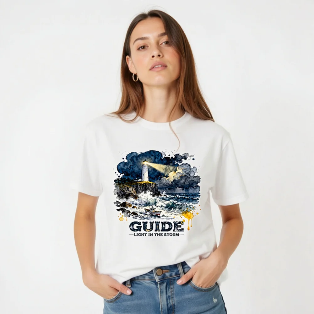 Guide Light in the Storm Unisex T-Shirt – Watercolor Lighthouse Design - Image 5