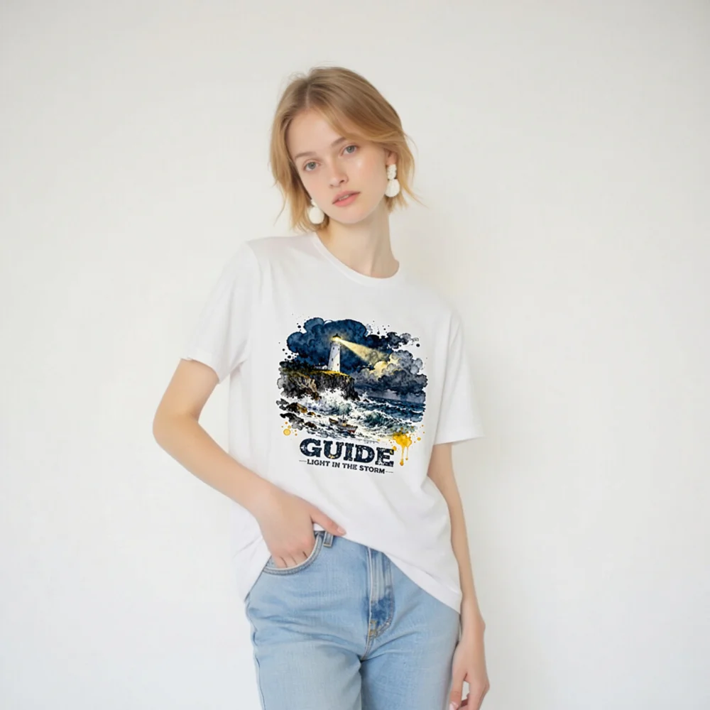 Guide Light in the Storm Unisex T-Shirt – Watercolor Lighthouse Design - Image 6