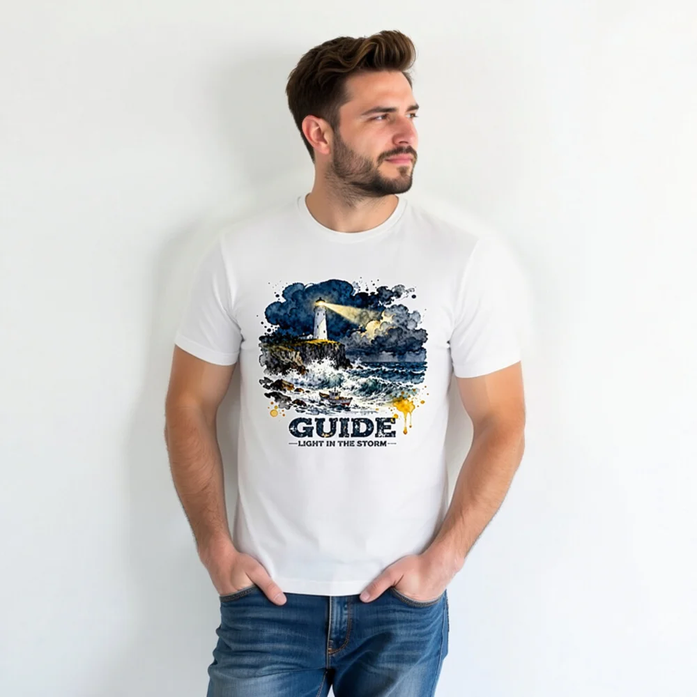 Guide Light in the Storm Unisex T-Shirt – Watercolor Lighthouse Design - Image 7