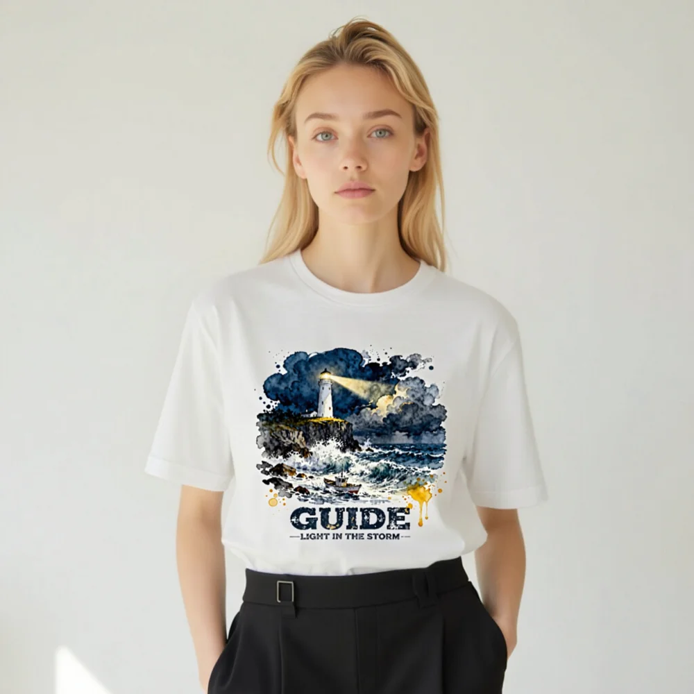 Guide Light in the Storm Unisex T-Shirt – Watercolor Lighthouse Design - Image 9