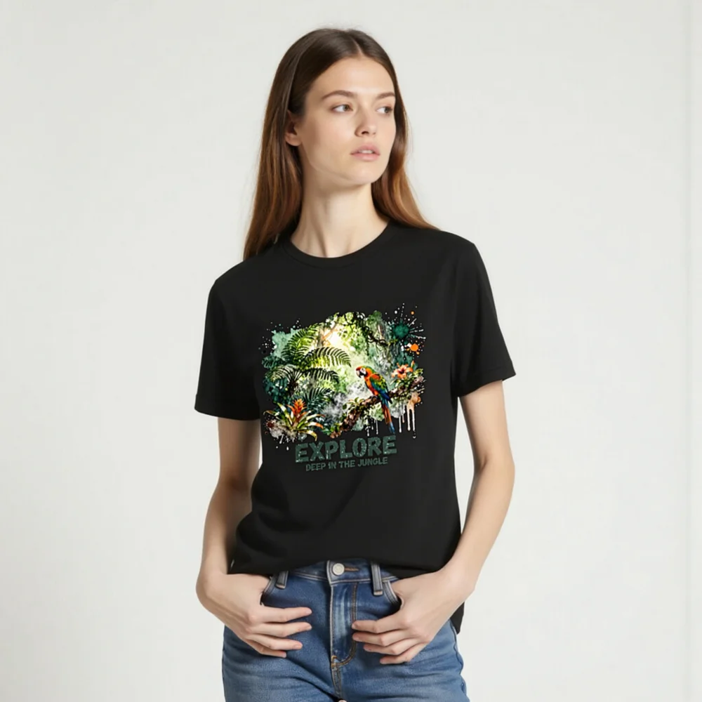 Explore Deep in the Jungle Unisex T-Shirt – Tropical Parrot Print - Image 2