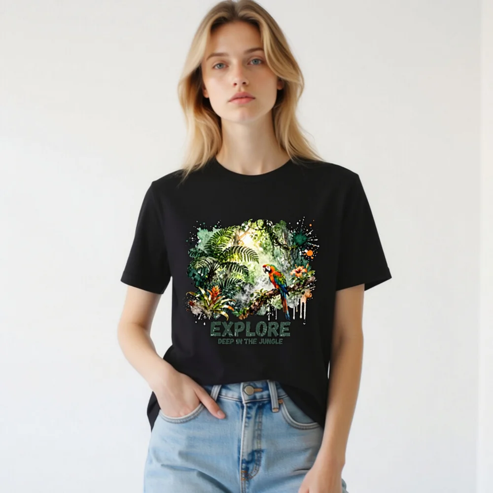 Explore Deep in the Jungle Unisex T-Shirt – Tropical Parrot Print - Image 3