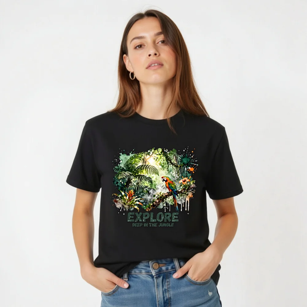 Explore Deep in the Jungle Unisex T-Shirt – Tropical Parrot Print - Image 4