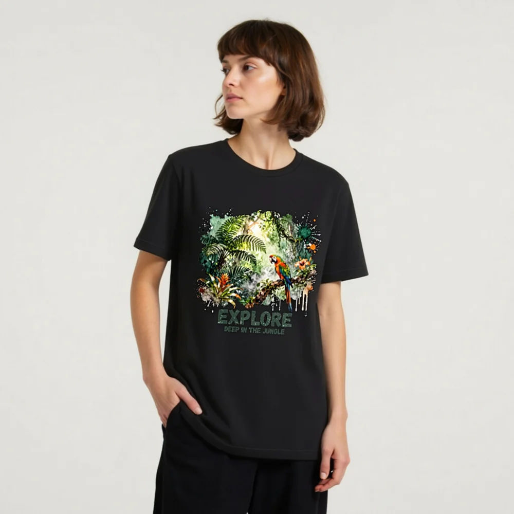 Explore Deep in the Jungle Unisex T-Shirt – Tropical Parrot Print - Image 8