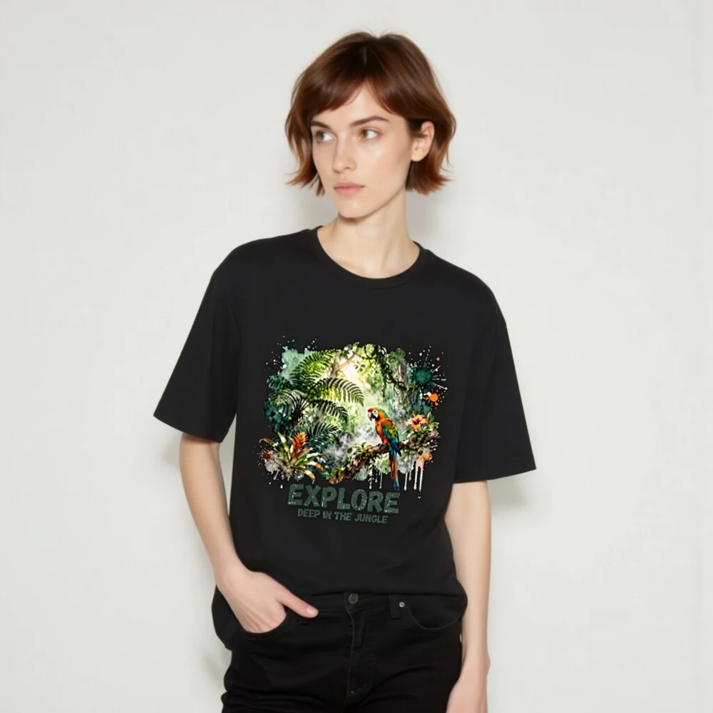 Explore Deep in the Jungle Unisex T-Shirt – Tropical Parrot Print - Image 9