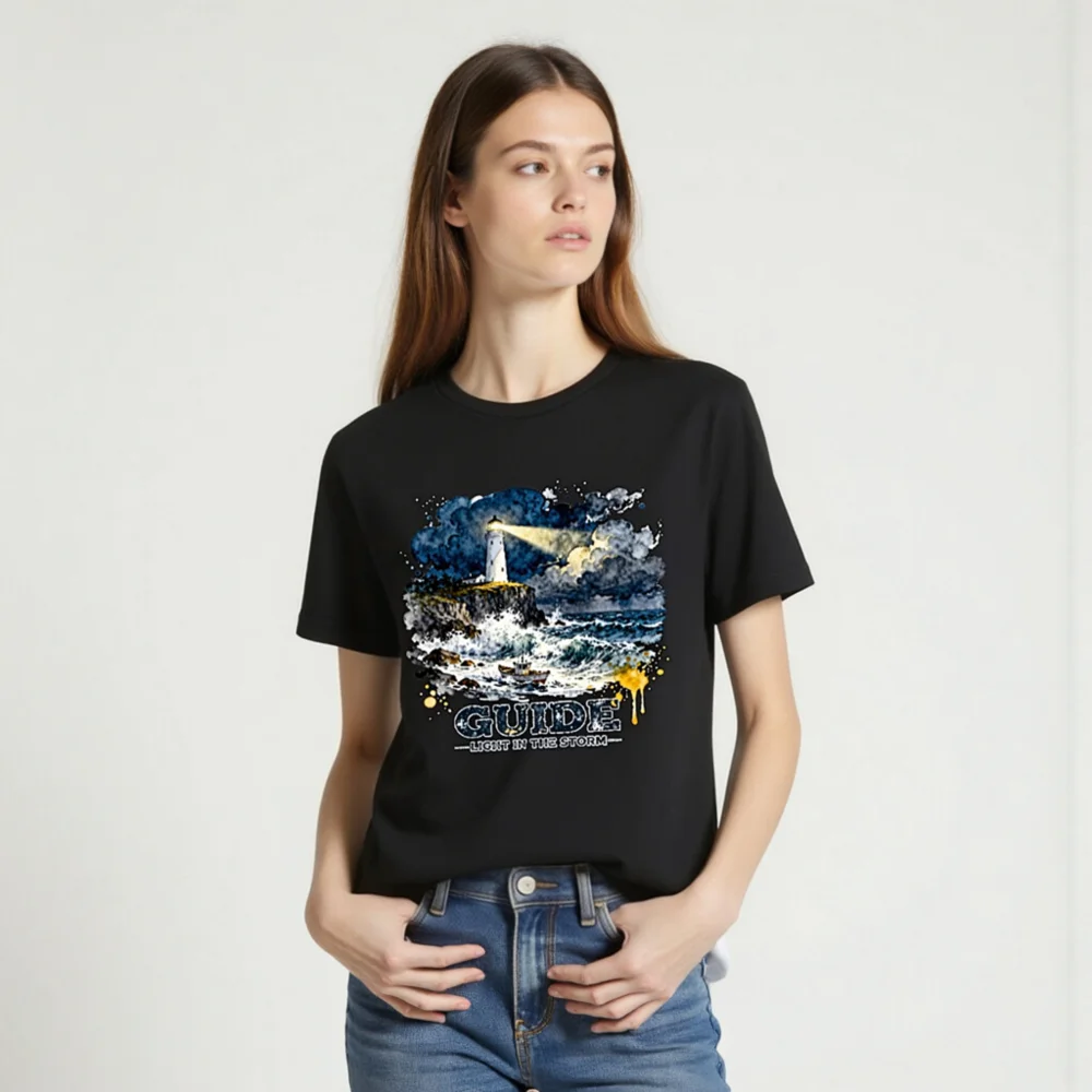 Guide Light in the Storm Unisex T-Shirt – Artistic Lighthouse Design - Image 2