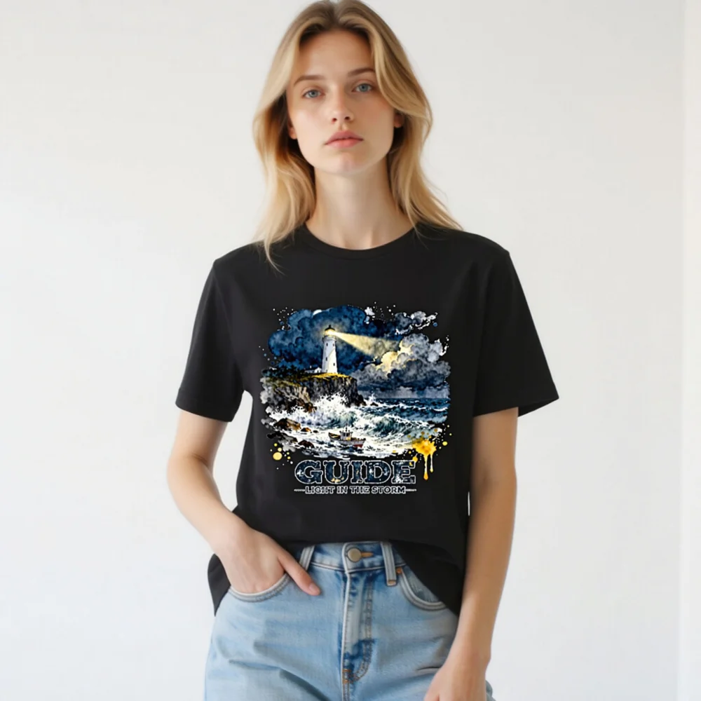 Guide Light in the Storm Unisex T-Shirt – Artistic Lighthouse Design - Image 3