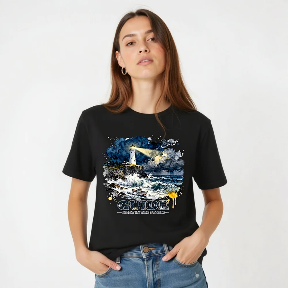 Guide Light in the Storm Unisex T-Shirt – Artistic Lighthouse Design - Image 4