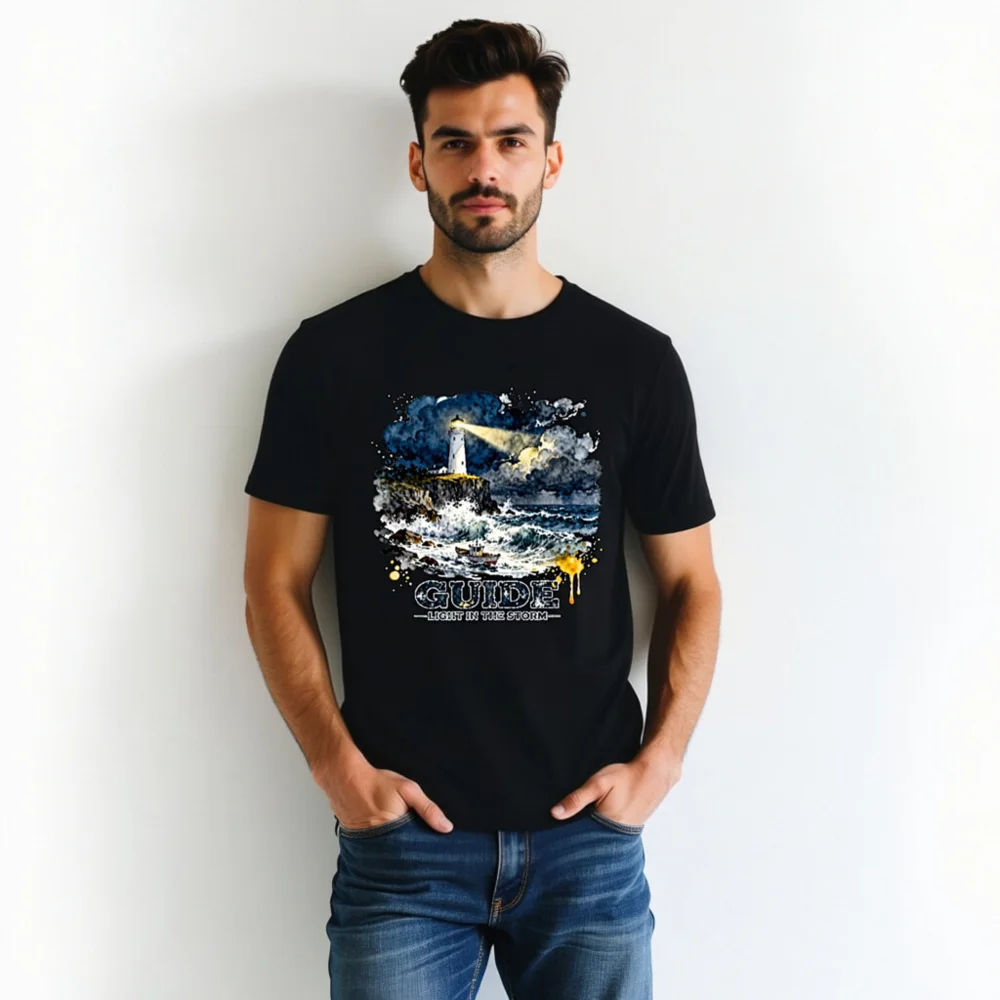Guide Light in the Storm Unisex T-Shirt – Artistic Lighthouse Design - Image 5