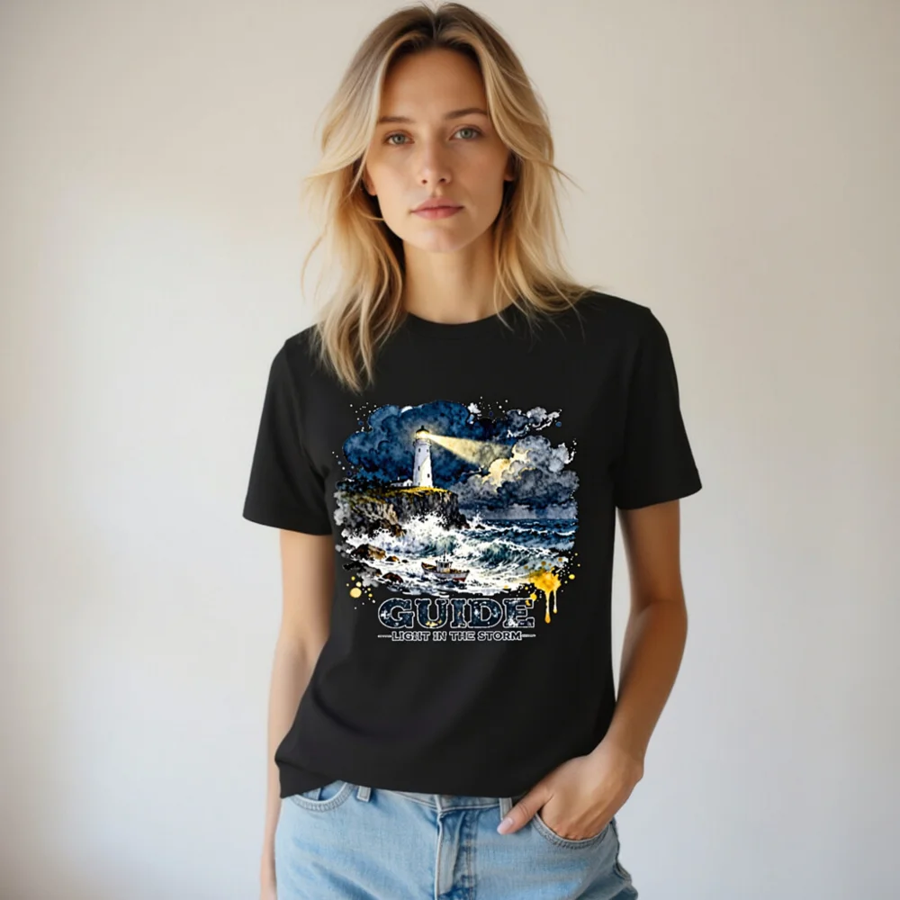 Guide Light in the Storm Unisex T-Shirt – Artistic Lighthouse Design - Image 7