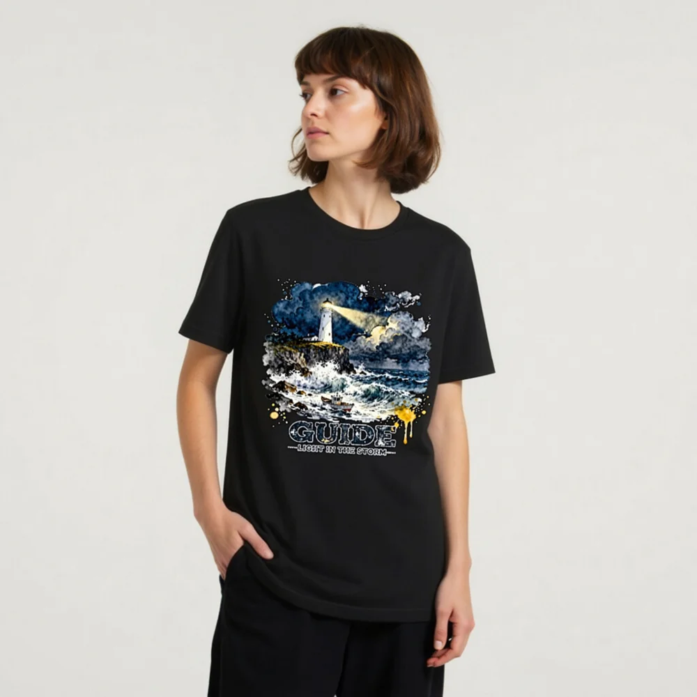 Guide Light in the Storm Unisex T-Shirt – Artistic Lighthouse Design - Image 8