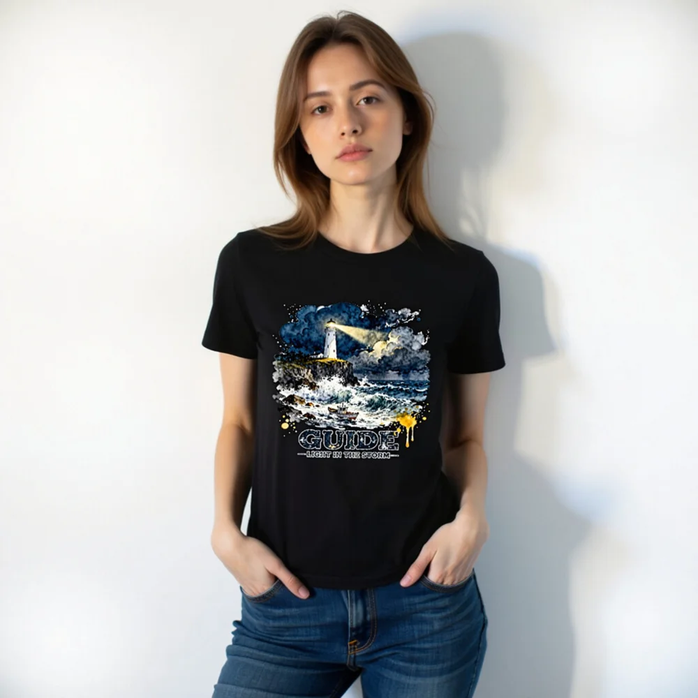 Guide Light in the Storm Unisex T-Shirt – Artistic Lighthouse Design - Image 10