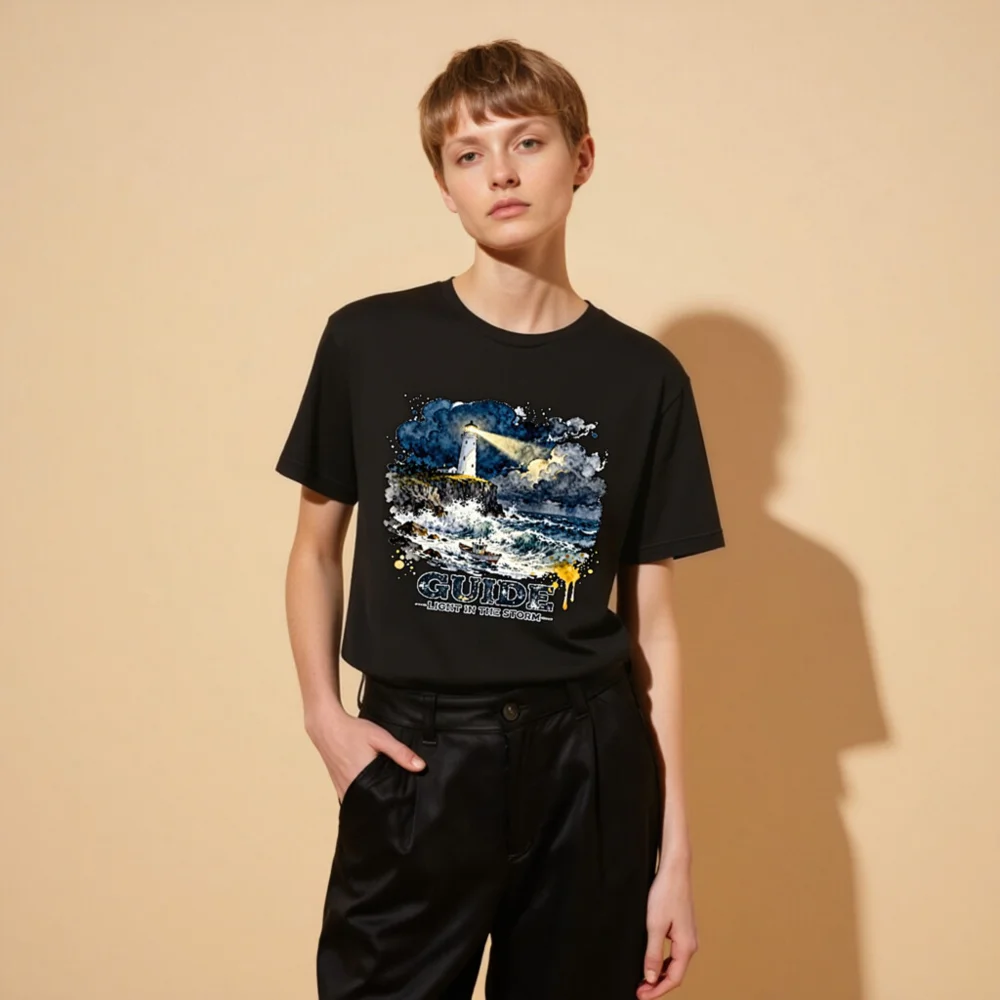 Guide Light in the Storm Unisex T-Shirt – Artistic Lighthouse Design - Image 11