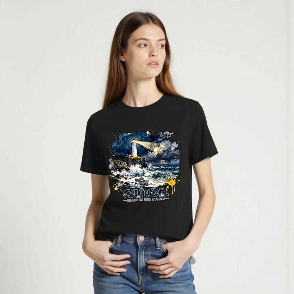Unisex Organic Cotton T-Shirt – Lighthouse 'Guide: Light in the Storm' Graphic Tee - Image 2