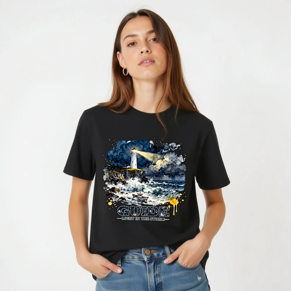 Unisex Organic Cotton T-Shirt – Lighthouse 'Guide: Light in the Storm' Graphic Tee - Image 3