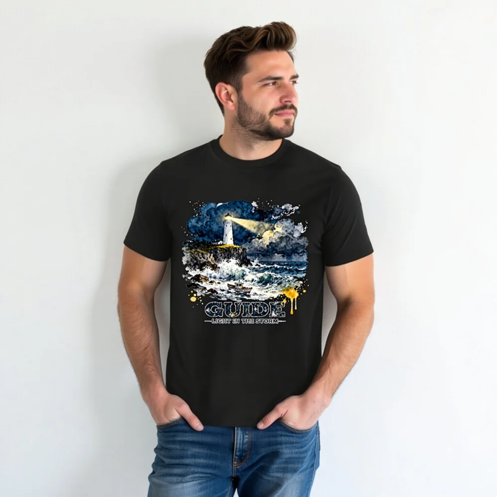 Unisex Organic Cotton T-Shirt – Lighthouse 'Guide: Light in the Storm' Graphic Tee - Image 4